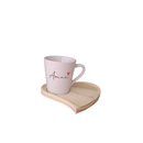 Kit 4 Xícaras de Porcelana 120ml com Pires em Formato de Coração em Madeira Pinus